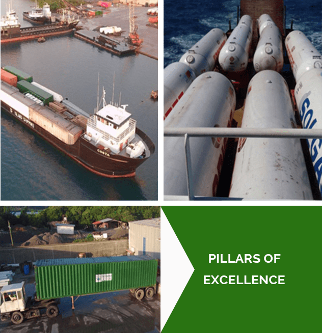 Archived Island Shipping photographs showing a cargo vessel, tanks aboard a ship, and container handling